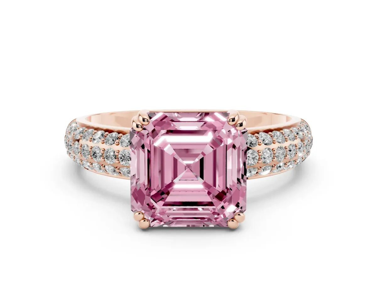 Fancy Pink Asscher Cut Diamond Solitaire Ring with Multi-Row Round Pavé Band and Prong Setting Rose gold
