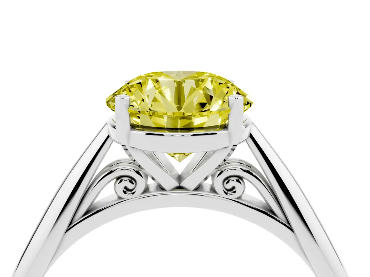 Fancy Yellow Round Cut Diamond Solitaire Engagement Ring with Cathedral Setting and Four-Prong Mount Silver