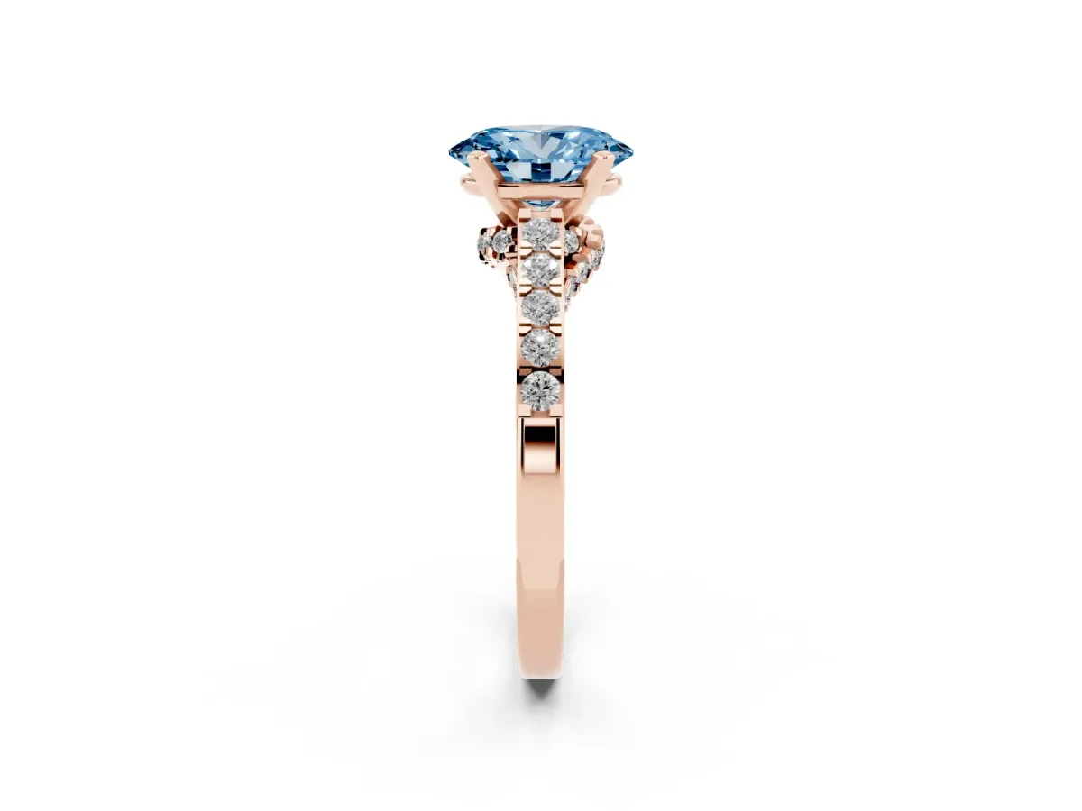 Fancy Blue Oval Cut Diamond Solitaire Ring with Crossover Gallery and Round Pavé Band Rose gold