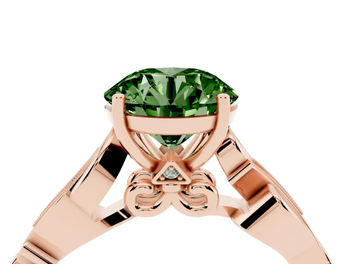 Fancy Green Round Cut Solitaire Vine Band with Milgrain Prong Setting Rose gold