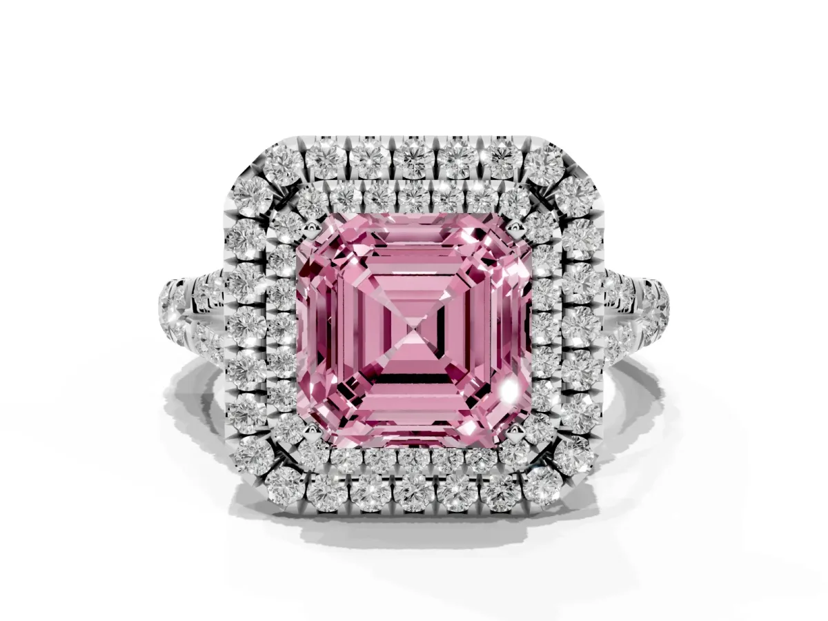 Fancy Pink Asscher Cut Cut Double Halo Split Shank Diamond Ring with Prong Setting Platinum