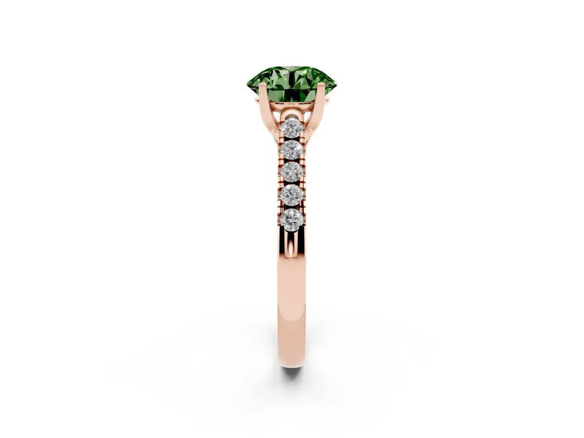 Fancy Green Round Cut Diamond Pavé Band Solitaire Ring with Prong Setting Rose gold
