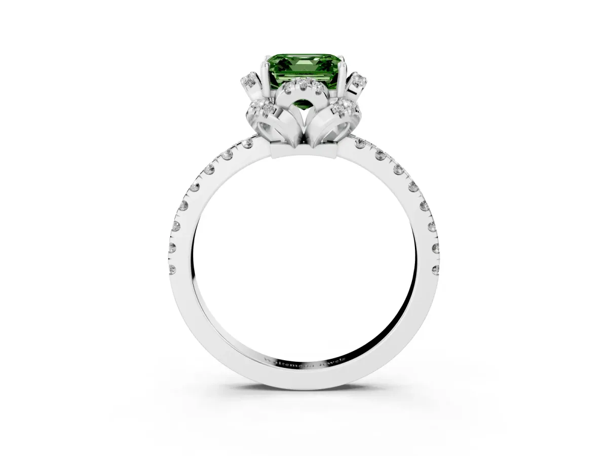 Fancy Green Asscher Cut Halo Diamond Pave Band Ring with Four-Prong Setting Silver