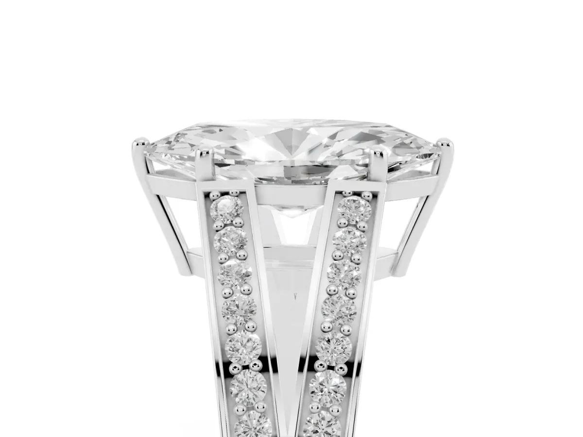 Marquise Cut Diamond Split Shank Ring with Pavé Band and Four-Prong Setting Silver