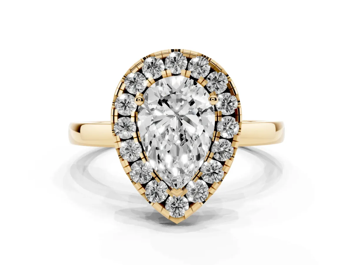 Pear Cut Halo Diamond Solitaire with Pavé Band and Four-Prong Setting Yellow gold