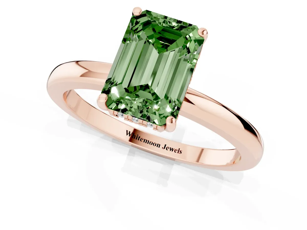 Fancy Green Emerald Cut Solitaire Diamond Ring with Prong Setting and Plain Band Rose gold