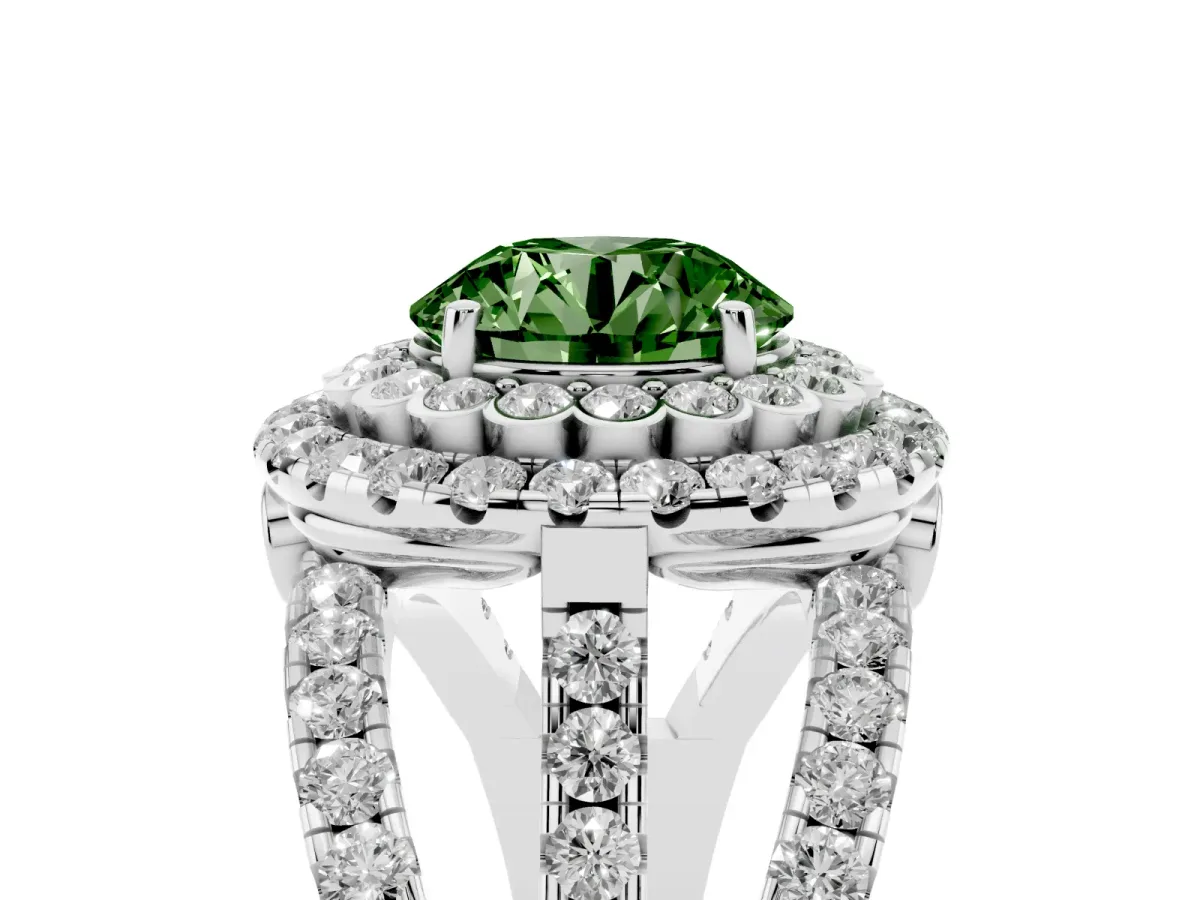 Fancy Green Round Cut Diamond Double Halo Ring with Round Pavé Split Shank and Prong Setting Silver