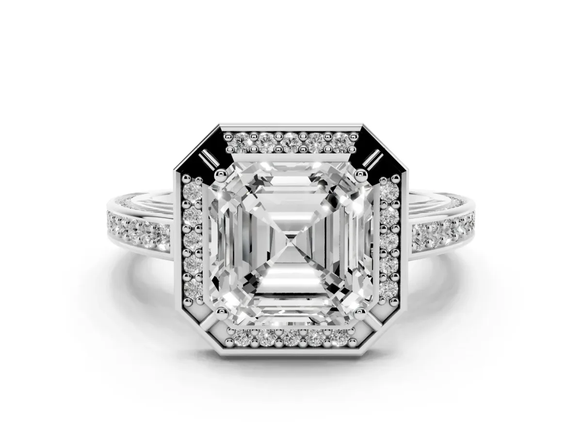 Asscher Cut Cut Halo Pave Split Shank Prong Setting Ring Platinum