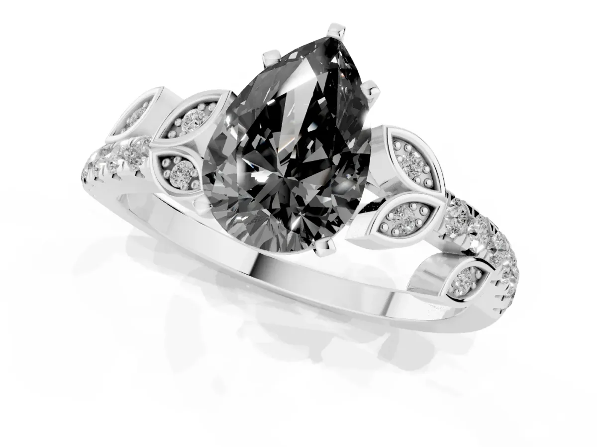 Fancy Black Pear Cut Solitaire Leaf-Inspired Diamond Ring with Pavé Band and Four-Prong Setting Silver