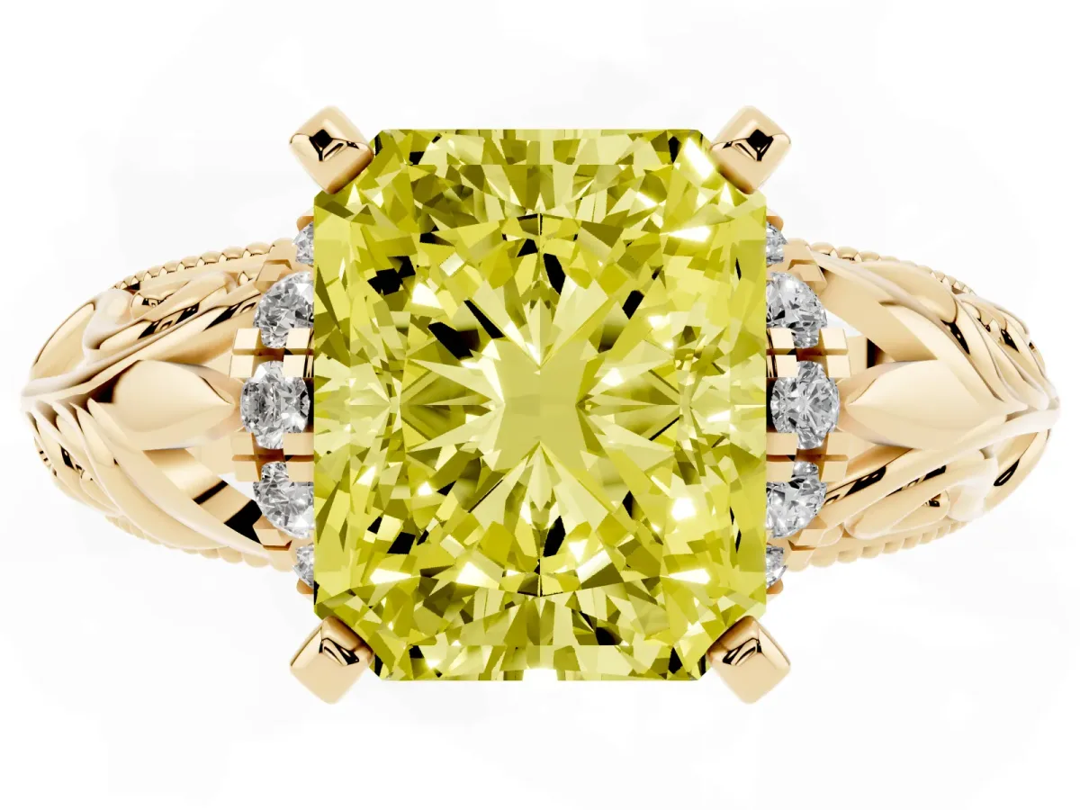 Fancy Yellow Radiant Cut Solitaire Filigree Engagement Ring with Halo and Prong Setting Yellow gold