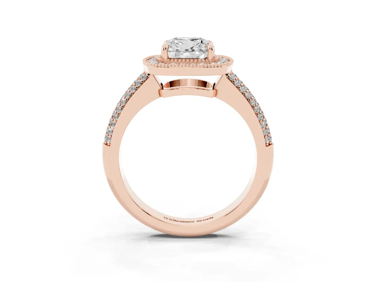 Cushion Cut Cut Halo Diamond Pave Band with Four-Prong Setting Rose gold