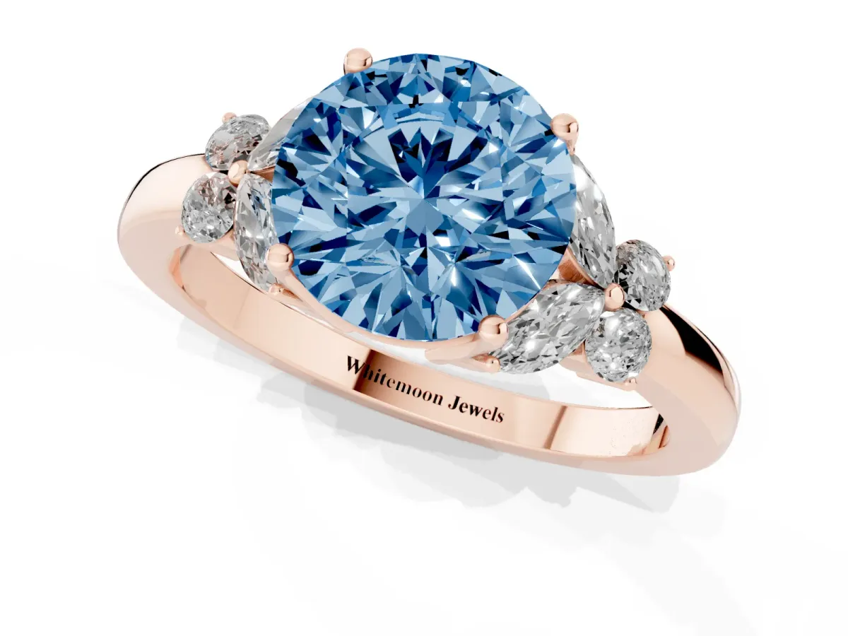 Fancy Blue Round Cut Cut Solitaire Floral Diamond Ring with Four-Prong Setting Rose gold
