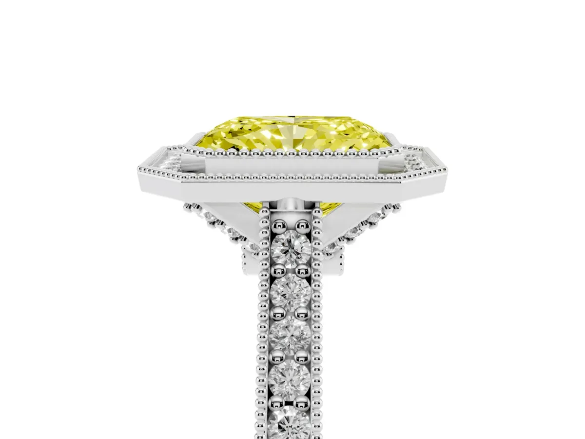 Fancy Yellow Halo Radiant Cut-Cut Diamond Pave Band Milgrain Prong Setting Ring Platinum