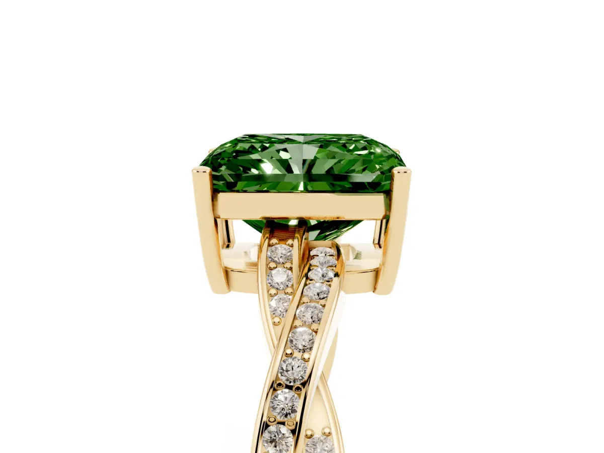 Fancy Green Radiant Cut Solitaire Twisted Pave Diamond Ring with Four-Prong Setting Yellow gold