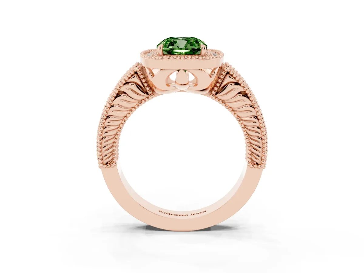 Fancy Green Cushion Cut Cut Halo Diamond Ring with Pavé Band and Four-Prong Setting Rose gold