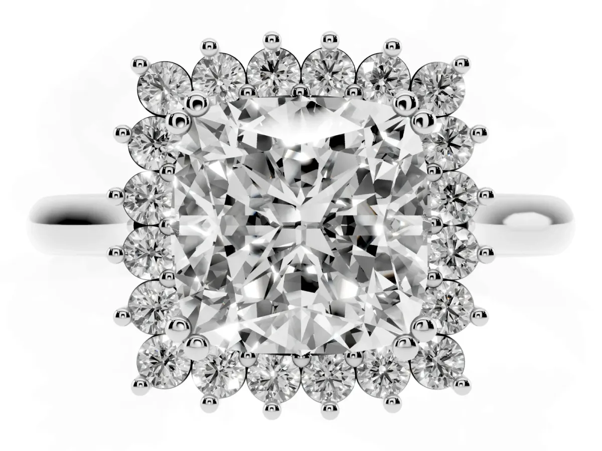 Cushion Cut Cut Diamond Halo Ring with Solitaire Band and Prong Setting Silver