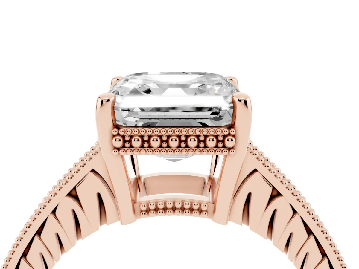 Asscher Cut Solitaire Pavé Diamond Milgrain Engagement Ring with Four-Prong Setting Rose gold