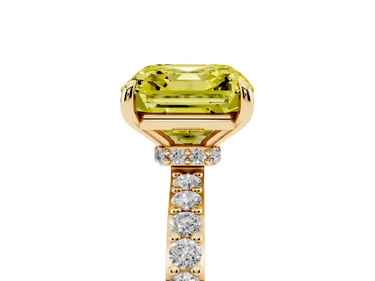 Fancy Yellow Asscher Cut Diamond Pavé Engagement Ring with Round Accents and Prong Setting Yellow gold