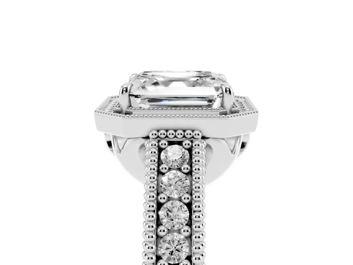 Asscher Cut Cut Halo Diamond Ring with Pavé Band and Four-Prong Setting Platinum