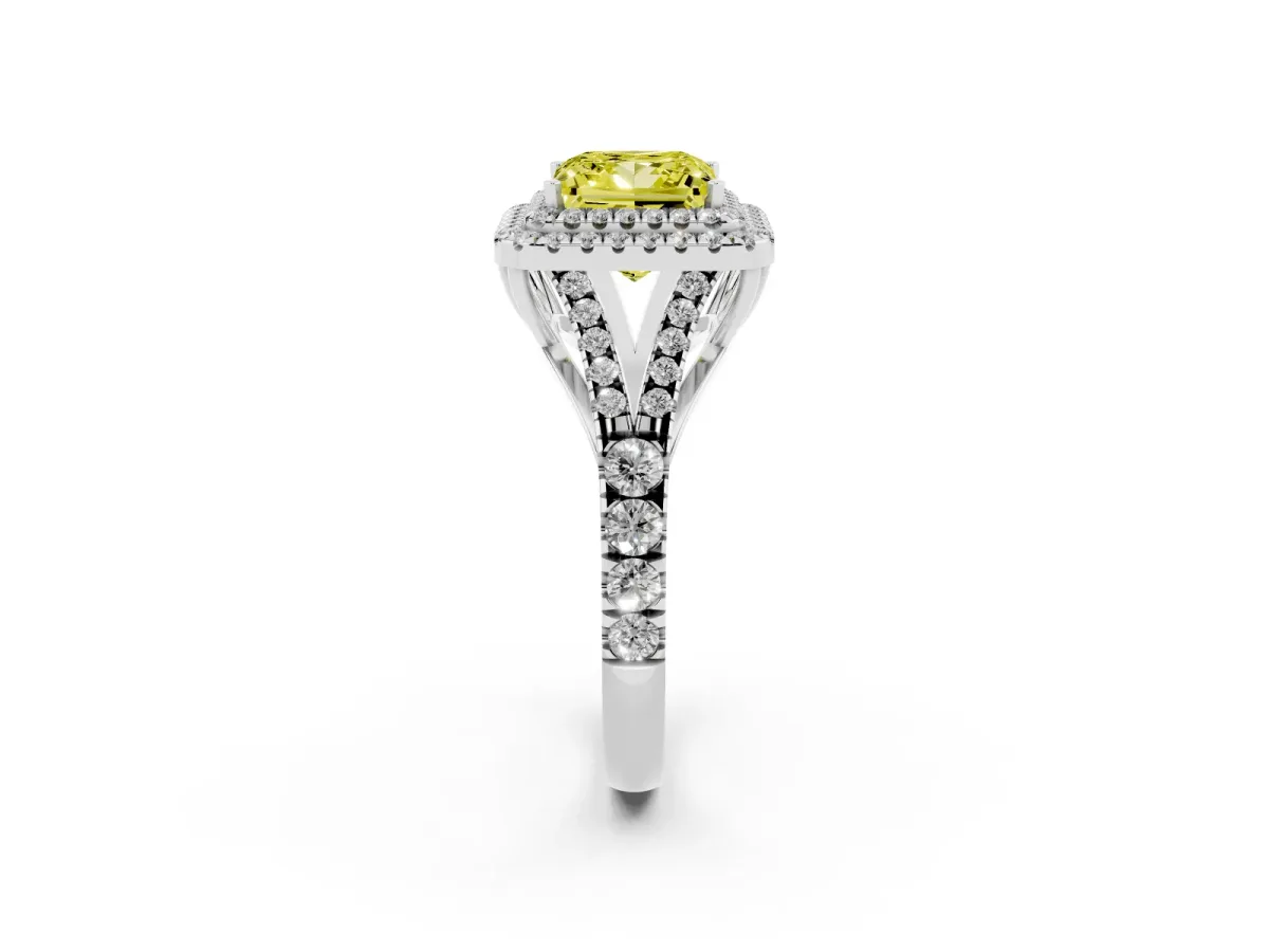 Fancy Yellow Princess Cut Diamond Pavé Split Shank Double Halo Engagement Ring Silver