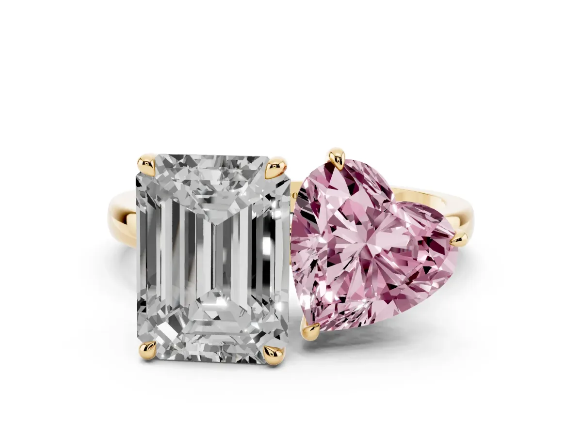 Fancy Pink Heart Cut and Emerald Cut Toi Moi Ring with Prong Setting Yellow gold