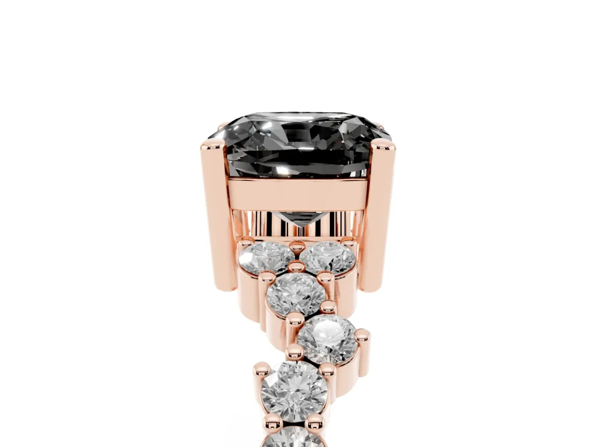 Fancy Black Cushion Cut Diamond Scattered Round Accent Ring with Prong Setting Rose gold