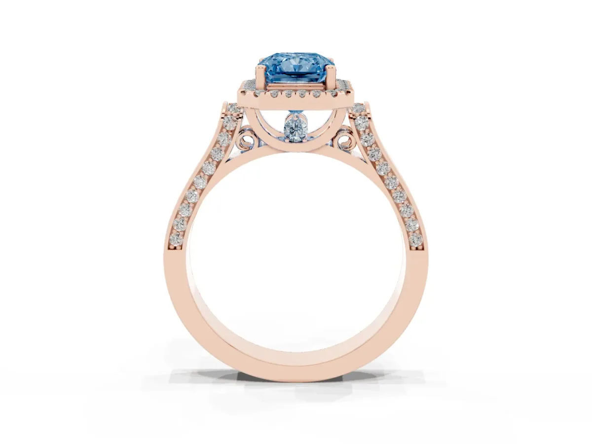 Fancy Blue Radiant Cut Halo Pave Split Shank Prong Setting Ring Rose gold