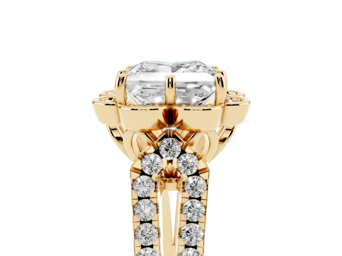 Princess Cut Halo Diamond Floral Split Shank Engagement Ring Yellow gold