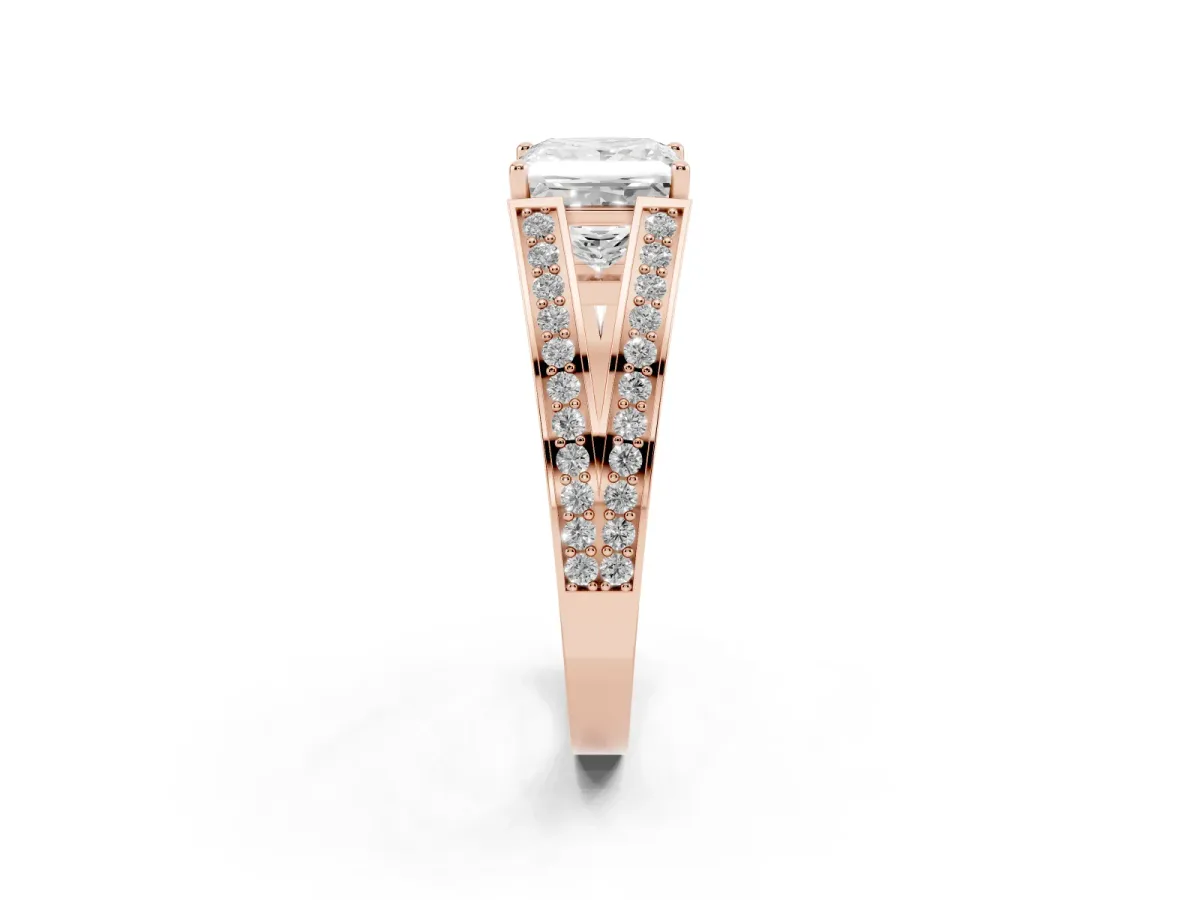 Princess Cut Diamond Split Shank Ring with Pavé Band and Four-Prong Setting Rose gold