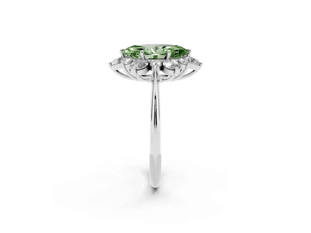 Fancy Green Marquise Cut Diamond Cluster Halo Ring with Solitaire Band and Four-Prong Setting Platinum