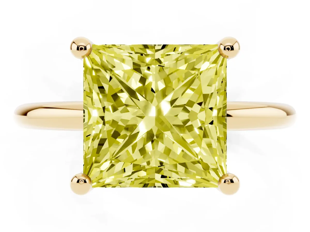 Fancy Yellow Princess Cut Solitaire Diamond Ring with 4-Prong Setting on a Classic Band Yellow gold