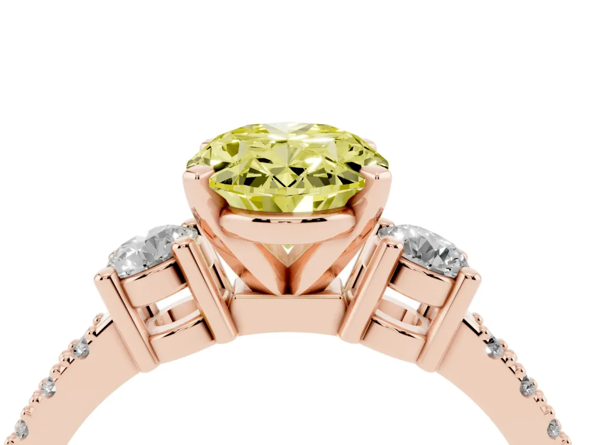 Fancy Yellow Oval Cut Three-Stone Diamond Pavé Band with Prong Setting Rose gold