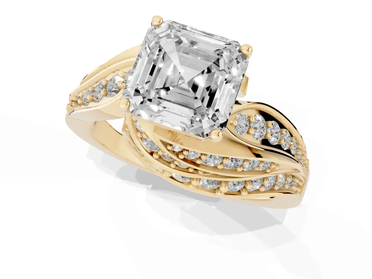 Asscher Cut Diamond Solitaire Ring with Prong Setting and Twisted Pavé Band Yellow gold