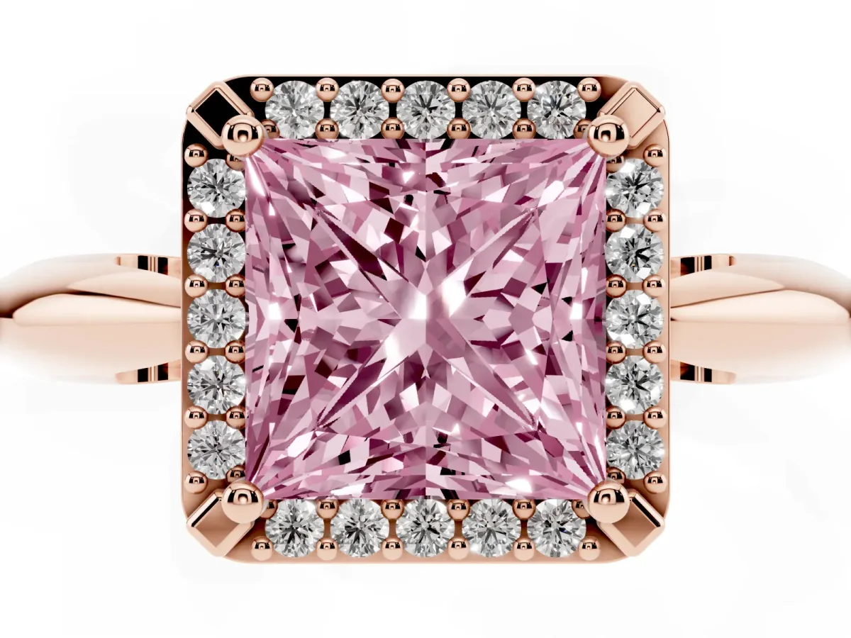 Fancy Pink Princess Cut Cut Diamond Halo Engagement Ring with Split Shank and Four-Prong Setting Rose gold