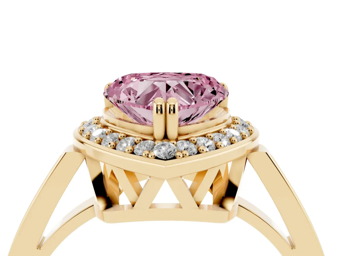 Fancy Pink Heart Cut Diamond Halo Ring with Split Shank and Four-Prong Setting Yellow gold