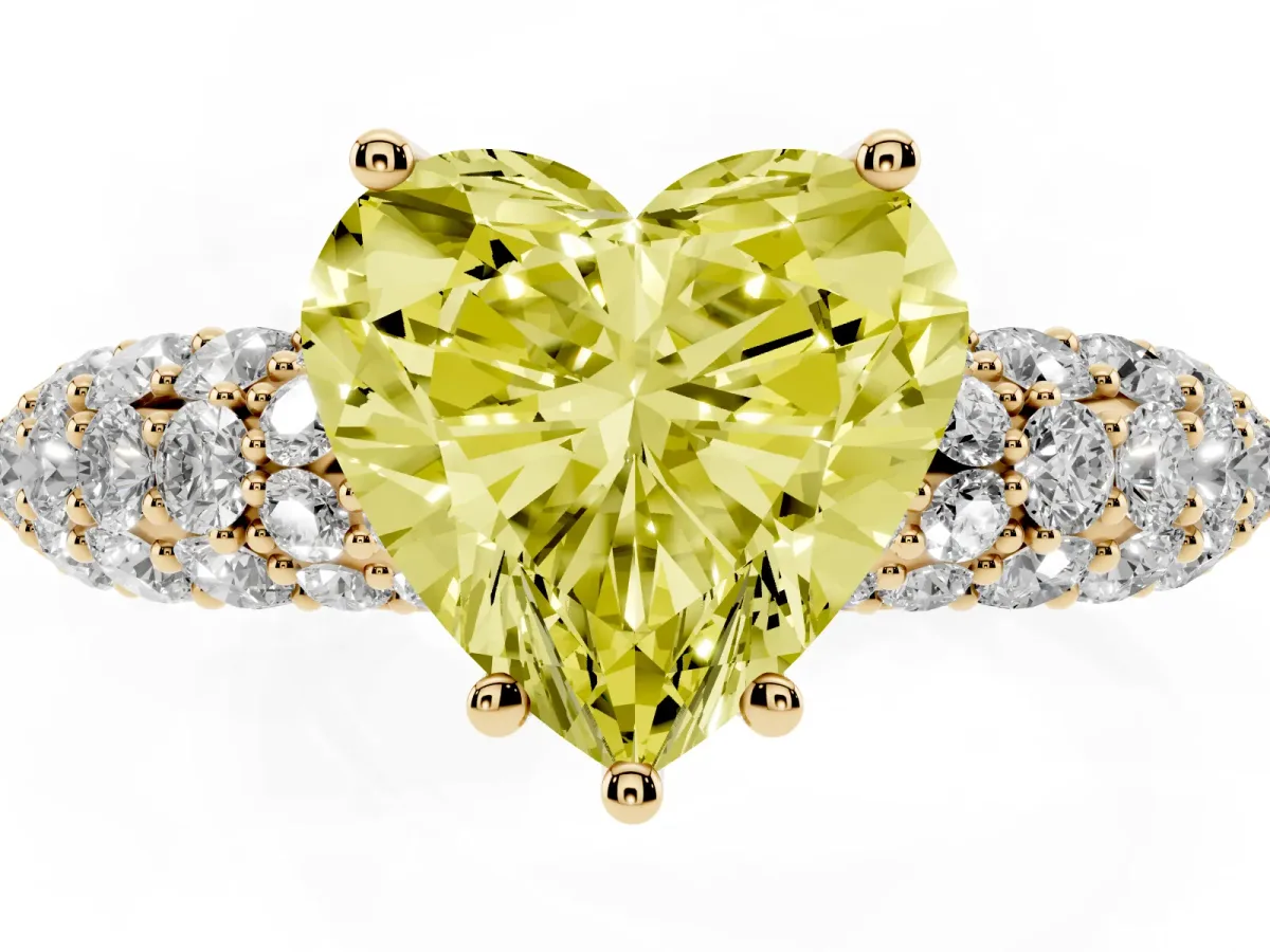 Fancy Yellow Heart Cut Diamond Pavé Band Solitaire Ring with Four-Prong Setting Yellow gold