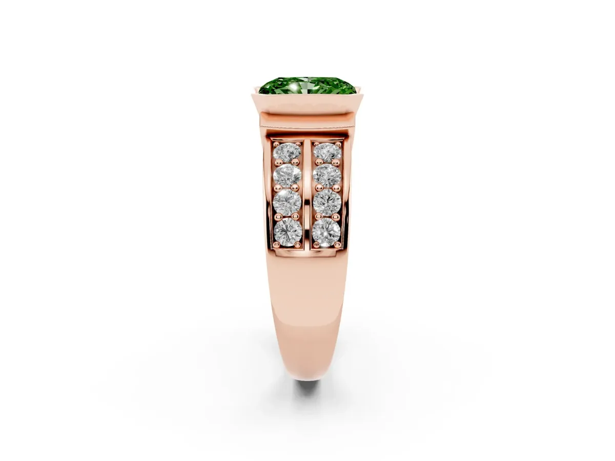 Fancy Green Radiant Cut Brilliant Diamond Channel Set Wide Band Ring with Bezel Setting Rose gold