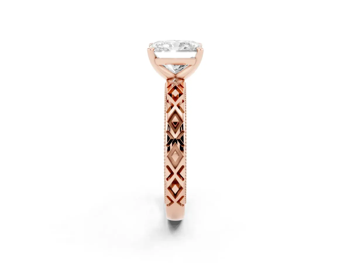 Radiant Cut Solitaire Diamond Ring with Milgrain and Black Enamel X Pattern Band Rose gold