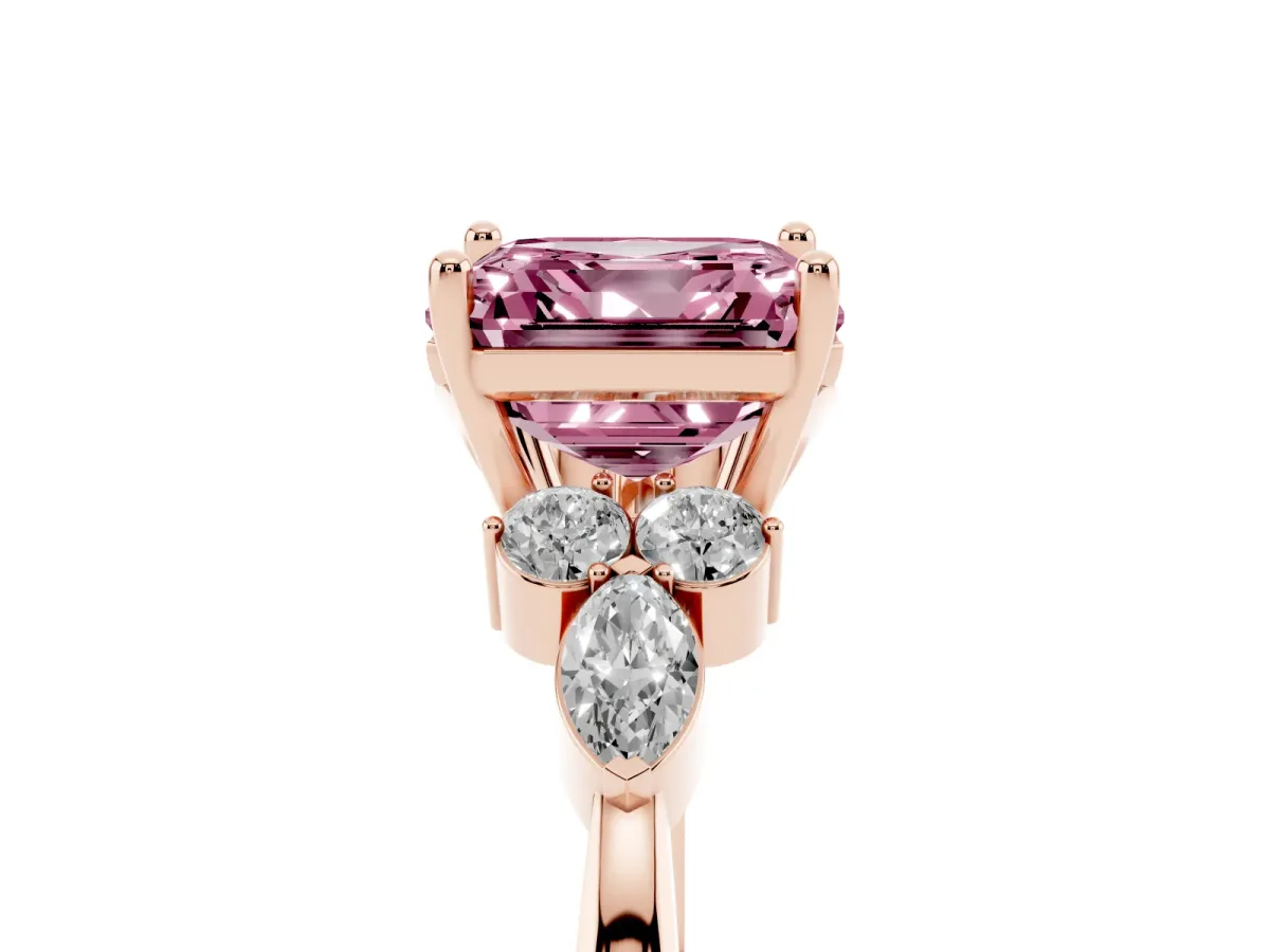 Fancy Pink Asscher Cut Brilliant Diamond Solitaire Ring with Pear Side Stones and Four-Prong Setting Rose gold