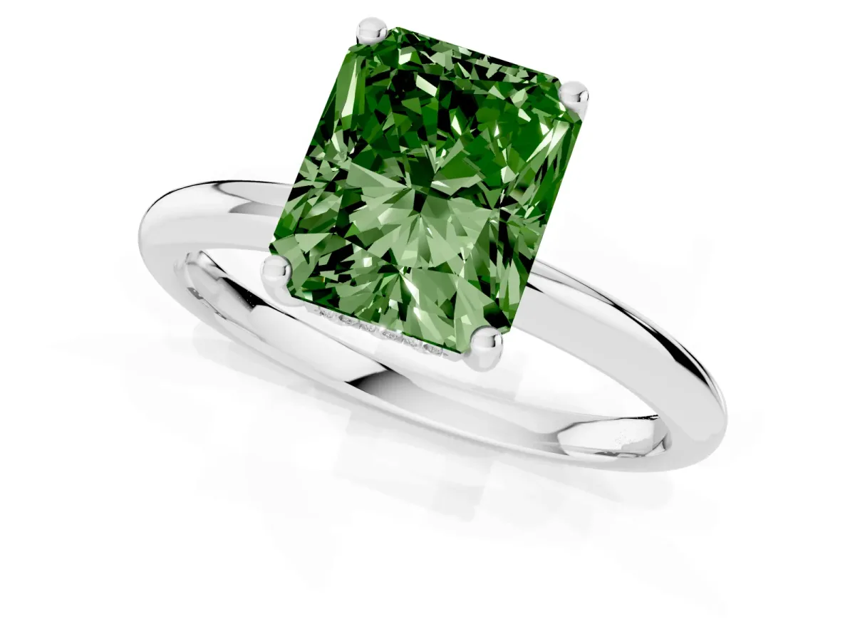 Fancy Green Radiant Cut Cut Solitaire Engagement Ring with Four-Prong Setting and Classic Band White gold