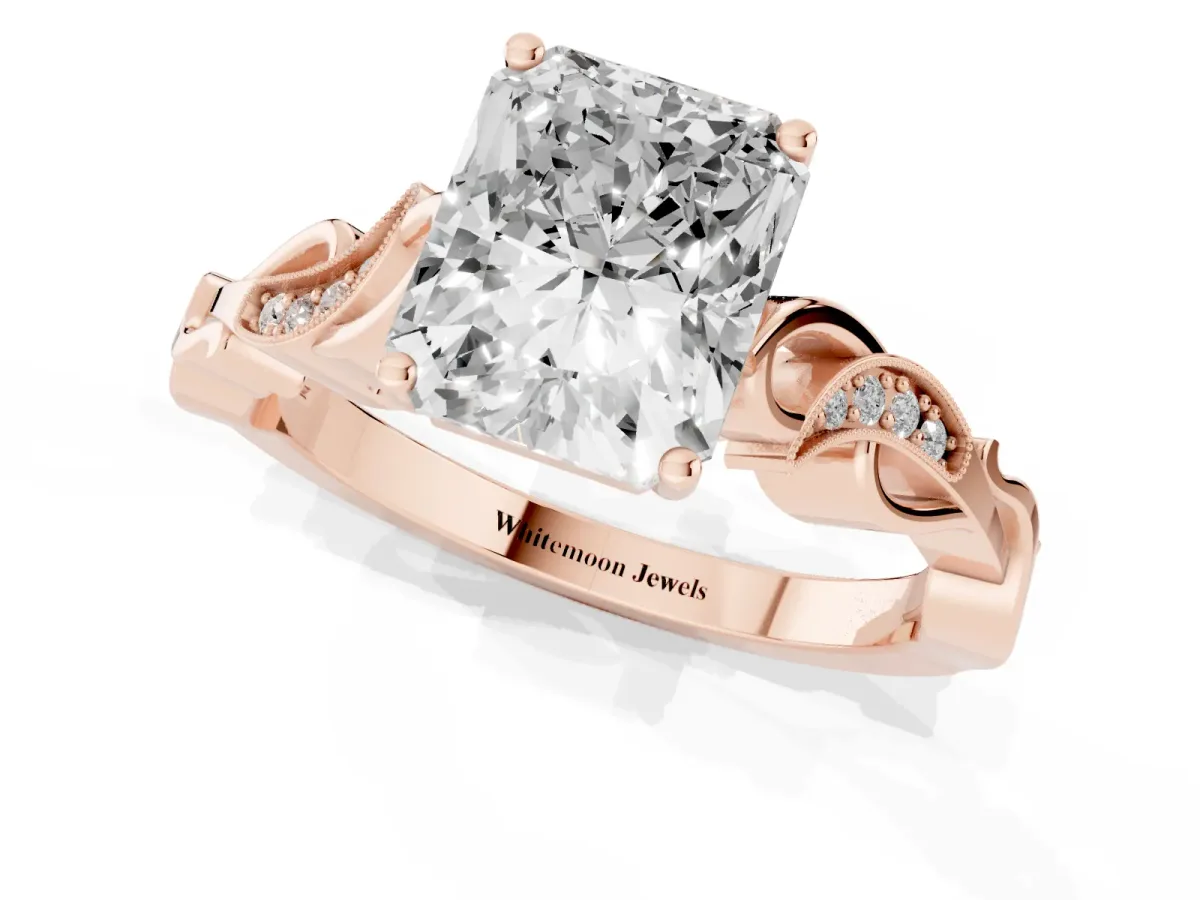 Radiant Cut Solitaire Vine Band with Milgrain Prong Setting Rose gold
