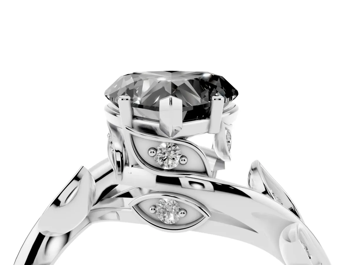 Fancy Black Heart Cut Solitaire Twist Engagement Ring with Leaf Accents and Prong Setting Platinum