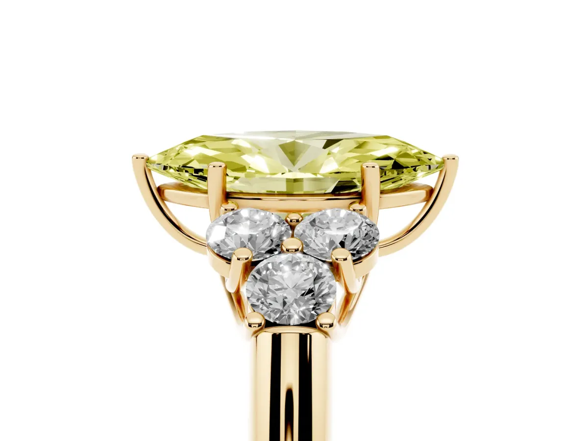 Fancy Yellow Marquise Cut Cut Diamond Cluster Ring with Round Accent Stones and Prong Setting on a Classic Band Yellow gold