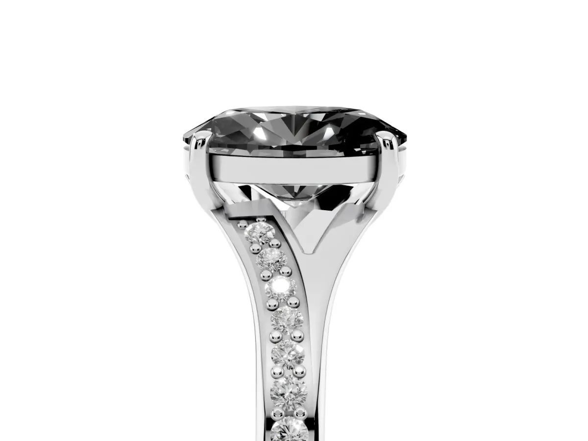 Fancy Black Oval Cut Diamond Solitaire Ring with Pavé Band and Prong Setting Silver