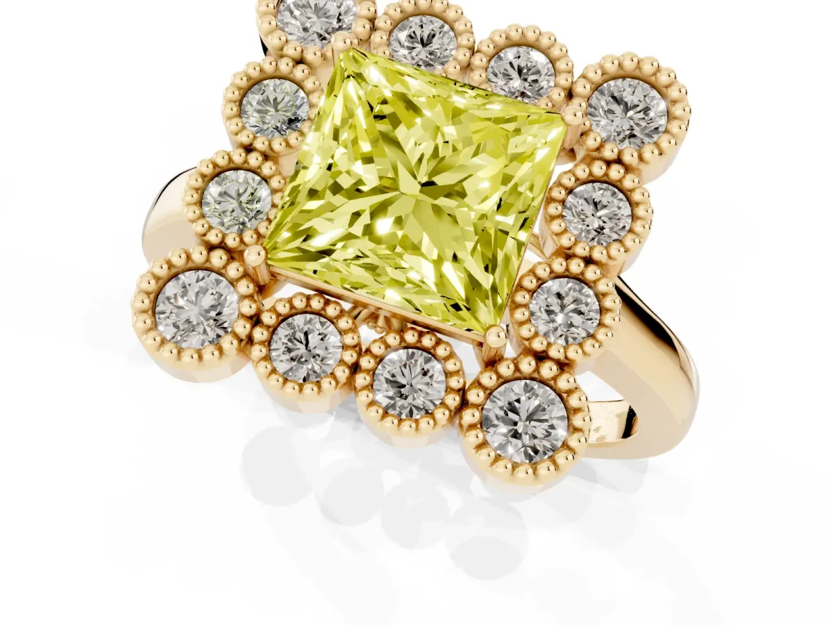 Fancy Yellow Princess Cut Halo Diamond Cluster Engagement Ring with Milgrain Bezel Setting and Solitaire Band Yellow gold