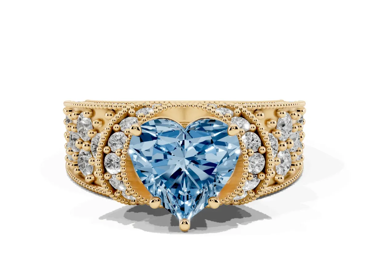 Fancy Blue Heart Cut Halo Pave Diamond Engagement Ring with Milgrain Detailing Yellow gold