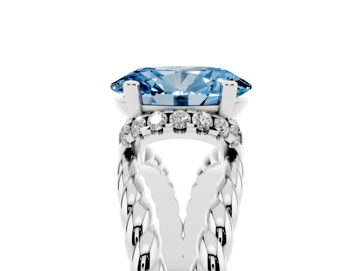 Fancy Blue Oval Cut Halo Twisted Band Four-Prong Ring Silver
