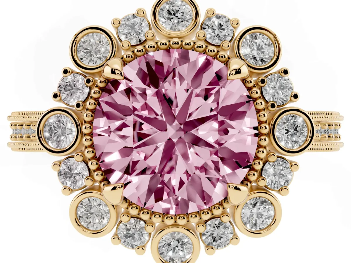 Fancy Pink Round Cut Halo Milgrain Pave Diamond Ring with Four-Prong Setting Yellow gold