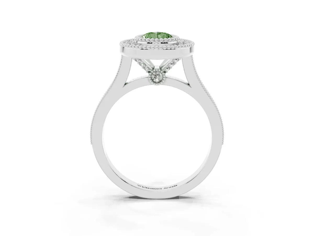 Fancy Green Pear Cut Diamond Halo Ring with Milgrain Frame and Pavé Band Silver