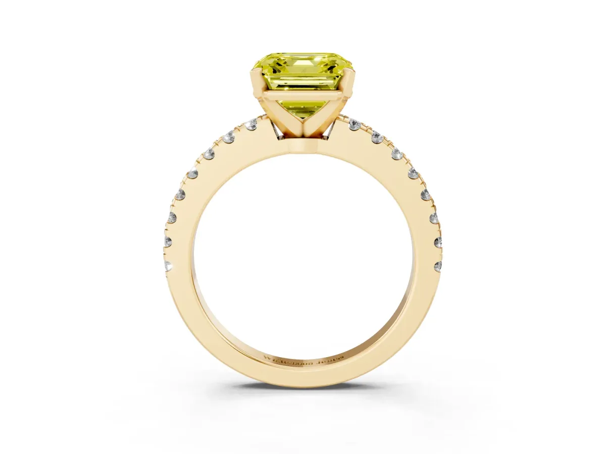 Fancy Yellow Asscher Cut Solitaire Diamond with Pavé Band and Four-Prong Setting Yellow gold